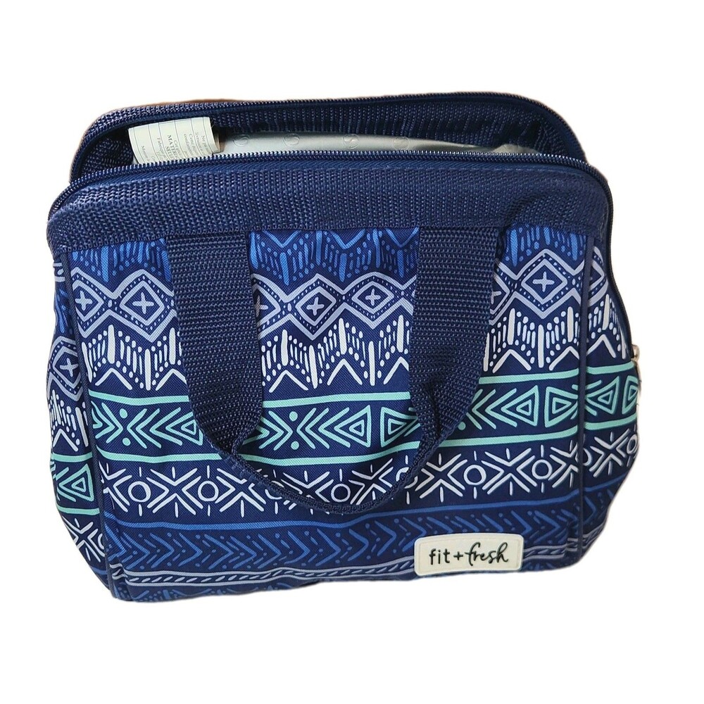Fit & Fresh Adults Insulated Lunch Bag Work Food Containers Geometric Blue